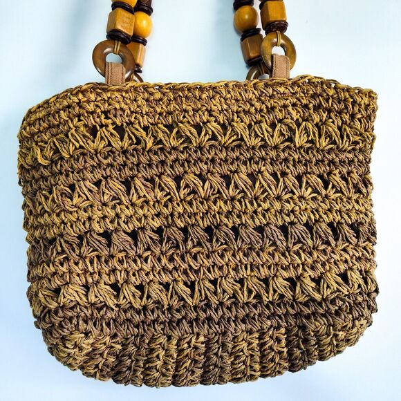 Boho Vintage Toyo Straw Woven Bag Wooden Beads Leather Handles 12"x8" Natural - Picture 5 of 11